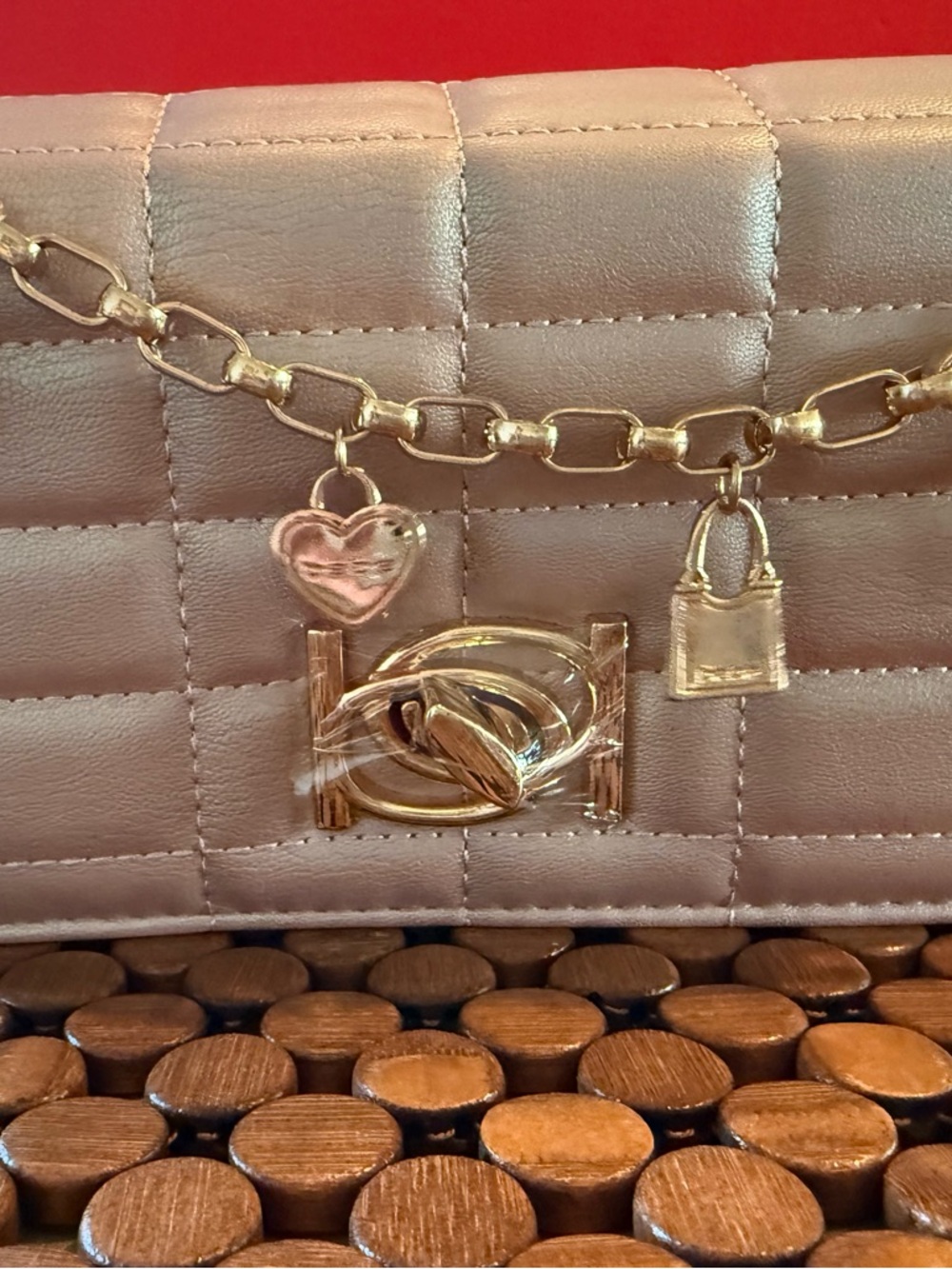 bebe Quilted Metallic Taupe Shoulder Bag with Gold Chain Charms